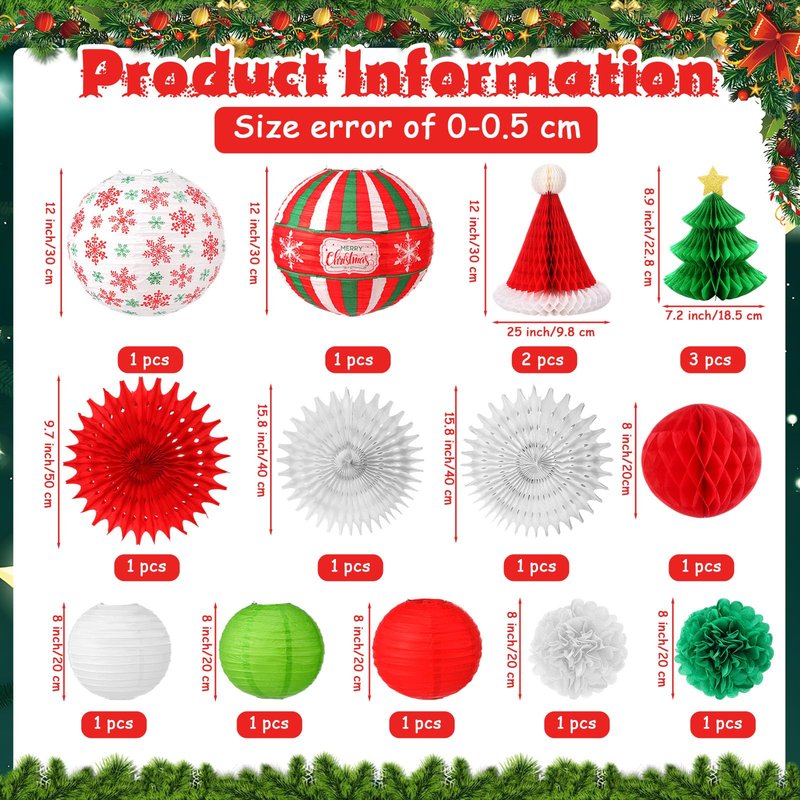 Gilprop 17 Pcs Christmas Party Hanging Decorations Xmas Paper Lanterns Paper Winter Hanging Fans Christmas Honeycombs Paper Flower Balls for Xmas Holiday Party Yard Indoor Outdoor Home Decor Supplies