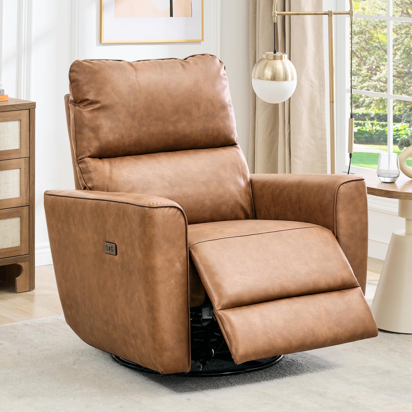 GarveeHome Power Recliner Chair, 270° Swivel Rocking Glider with USB Charging Port, PU Leather Upholstered Fabric, Ergonomic Modern Nursery Chair for Living Room, Bedroom, Nursery (Brown)