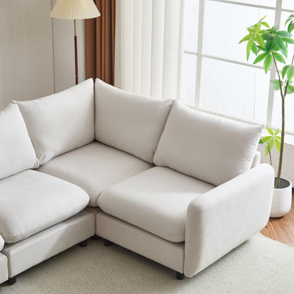Christopher Knight Home Keria 4-Seater Sofa, Wooden Frame Modular Sectional Sofa, Upholstered Couch Set for Living Room, Soft Seating Lounge Sofa, Comfy Reading Chair Set, White Sand