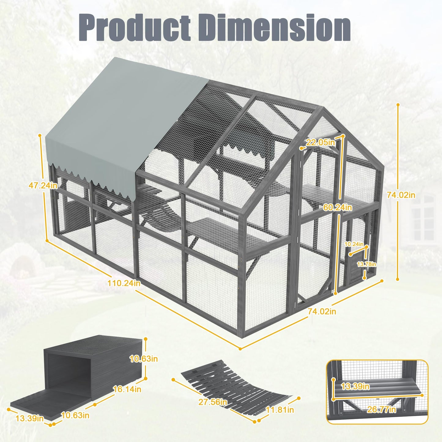 KEIKI 110" Large Outdoor Cat Enclosure for Multiple Cats, Weatherproof Wooden Catio with 7 Platforms, 2 Resting Boxes, 2 Bridges & Canopy, Secure Outdoor Cat House, Gray