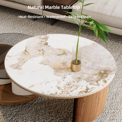 KEIKI 32" Faux Marble Tabletop Round Wood Storage Coffee Table with Rotating Wheels, 2 in 1 Design Modern Coffee Table, No Assembly Required, for Apartment, Living Room, Bedroom, Reception Room, White