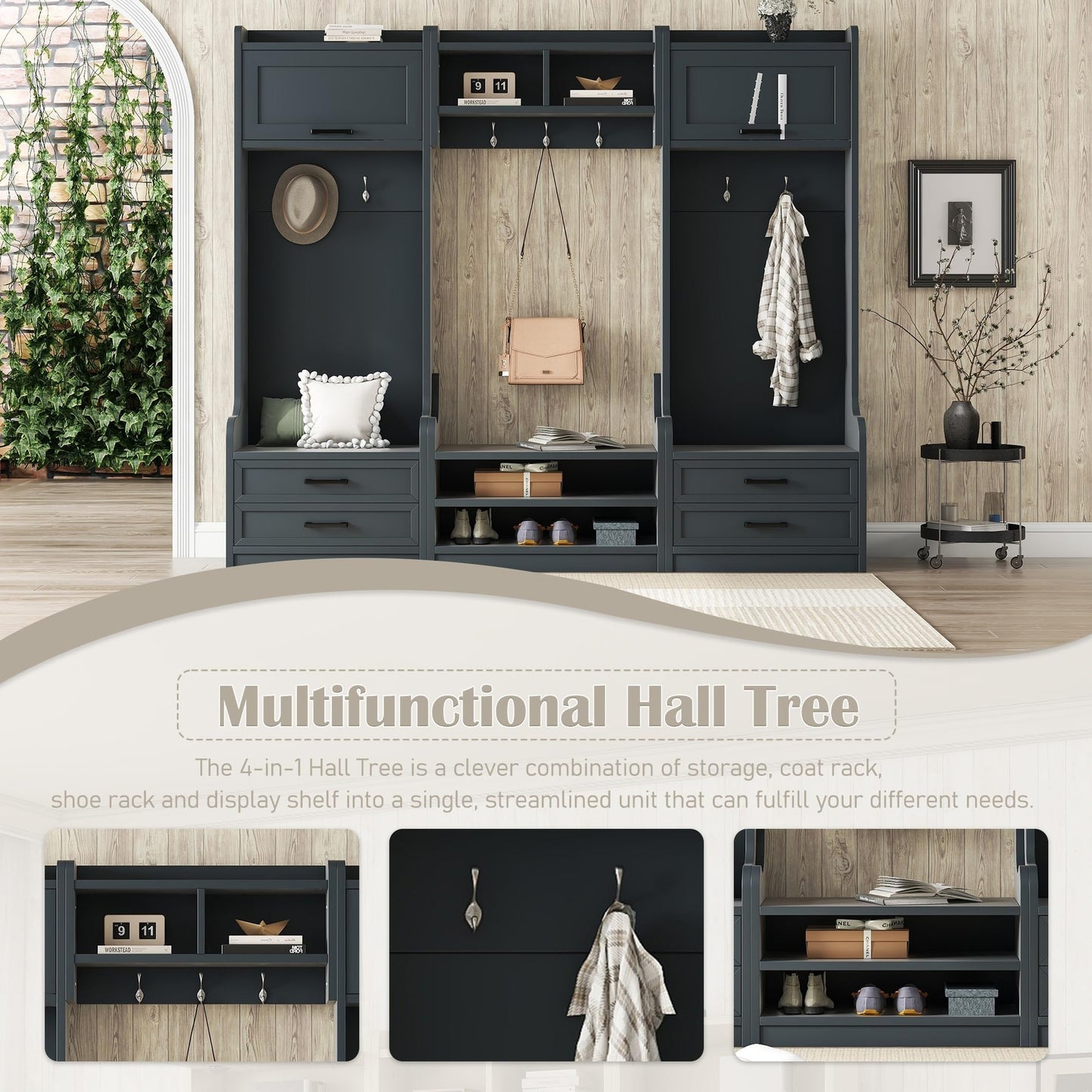 4-in-1 Antique Blue Hall Tree with Bench and Shoe Storage, Mudroom Bench with Storage and Hooks, Entryway Coat Rack with Drawers and Cabinet, MDF & Particle Board, Multi-Functional Hallway Organizer
