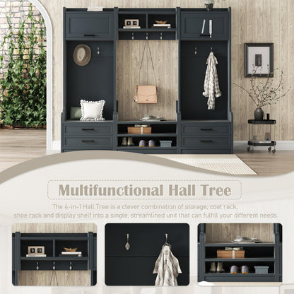 4-in-1 Antique Blue Hall Tree with Bench and Shoe Storage, Mudroom Bench with Storage and Hooks, Entryway Coat Rack with Drawers and Cabinet, MDF & Particle Board, Multi-Functional Hallway Organizer