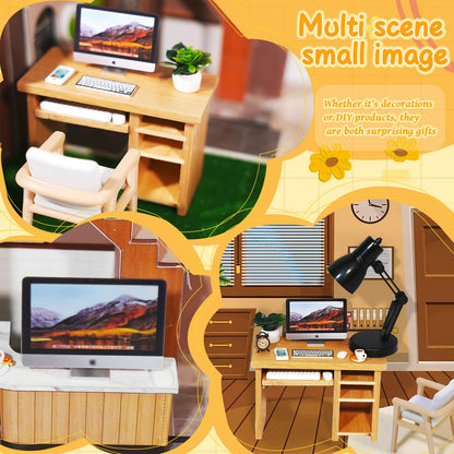 Hiawbon 11PCS 1:12 Scale Miniature Office Furniture Set, Miniature Office Table and Chair, Mini Simulation Desktop Computer with Mouse Keyboard Model Simulation Accessories for Mini House