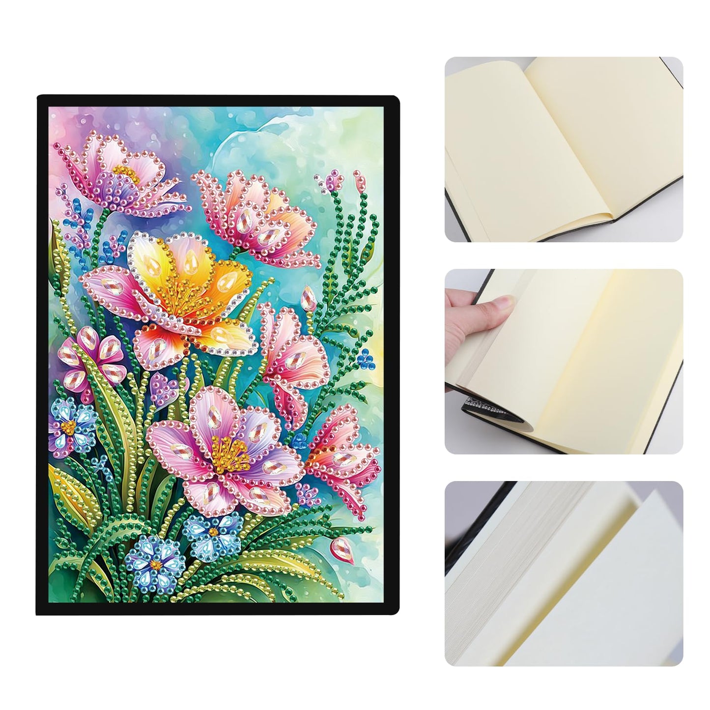 JISHSHAY Diamond Painting Notebook Journal Diamond Art Note Book Gem Art Sketch Book Gem Painting Diary Mosaic Kits for Adults Blank Notebook with Special Drills 14.5×21cm/5.7×8.26in Flower