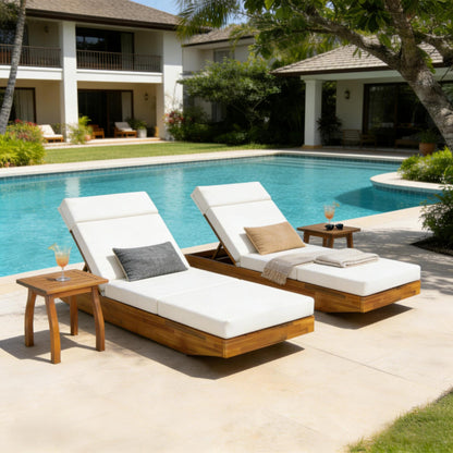 Modern Acacia Wood Outdoor Chaise Lounge with Cream Water-Repellent Cushion & Integrated Headrest, Adjustable & Foldable Design for Patio, Poolside, Garden