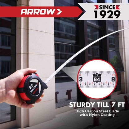 Arrow 25FT Auto-Lock Tape Measure, Easy Read Measuring Tape with Fractions 1/8″, Double Sided Measurement Tape with 1″ Blade, Belt Clip, Dual-End Metal Hook, and Rubber Protective Casing