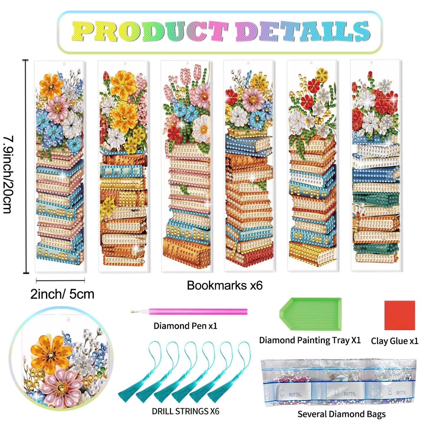 beinkmake 6pcs Diamond Painting Bookmark Set Stack of Books and Flowers Acrylic Bookmarks with Tassels DIY Art Gift for Book Lovers 7.87x1.97 Inches