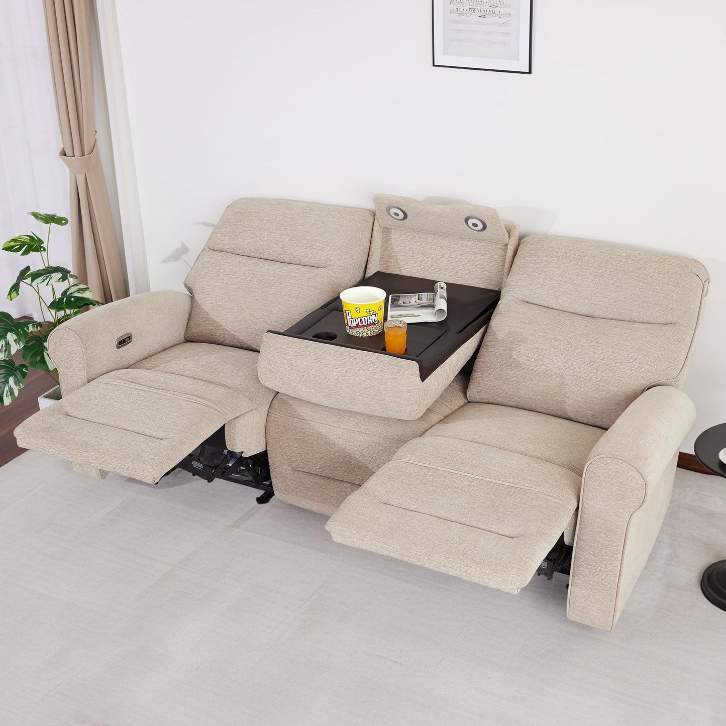 MCombo 87.8" Wall Hugger Power Reclining Sofa with Drop Down Table, 3-Seater Recliner Couch for Small Spaces Living Room RV, USB Ports, Fabric PR635M3 (Beige)