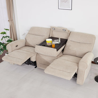 MCombo 87.8" Wall Hugger Power Reclining Sofa with Drop Down Table, 3-Seater Recliner Couch for Small Spaces Living Room RV, USB Ports, Fabric PR635M3 (Beige)