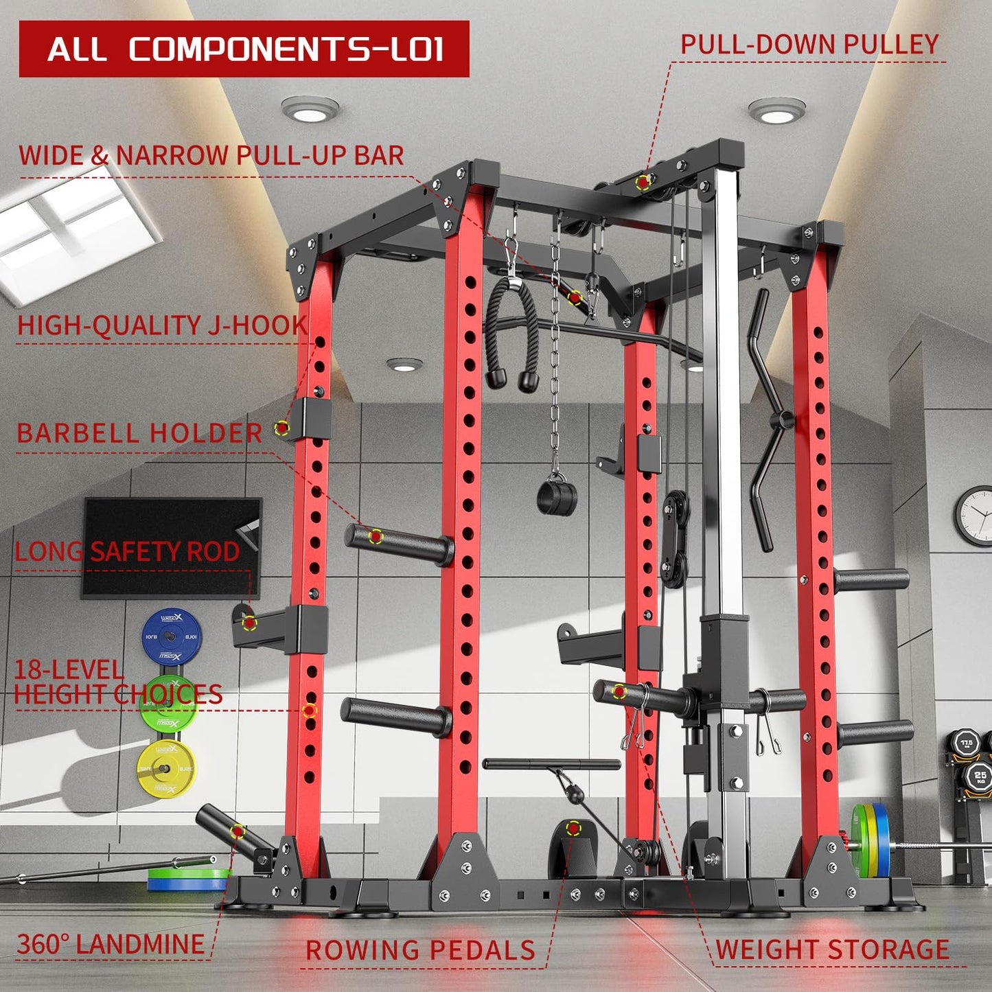 Power Rack Power Cage Multi-Function Squat Rack with Cable Crossover System Selectable More Training Attachment Power Rack for Garage & Home Gym (Red, C Set L01+Weight Bench+（Pole+Cast Iron） 248LBS)