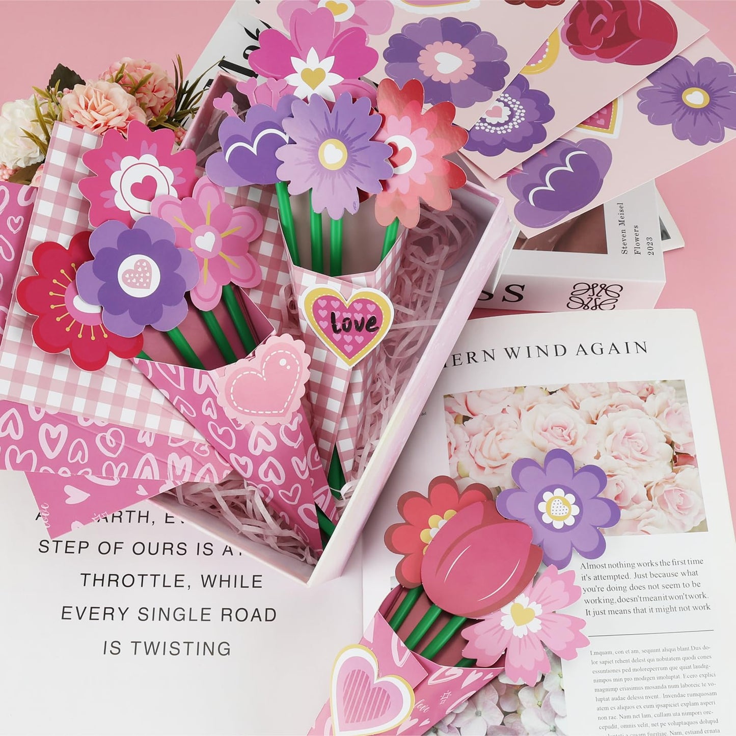 Nlicrst 24 Pcs Valentine Flower Craft Valentine's Day Paper Crafts Make Your Own Flower Bouquets for Valentine's Day Home Fun DIY, Perfect Handmade Valentine Gift (6 Styles)