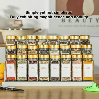TESUNMU Label4oz CabinetDrawerRack(24) Gold Spice Jars with Seasoning Containers, Glass Spice Bottles with Shaker