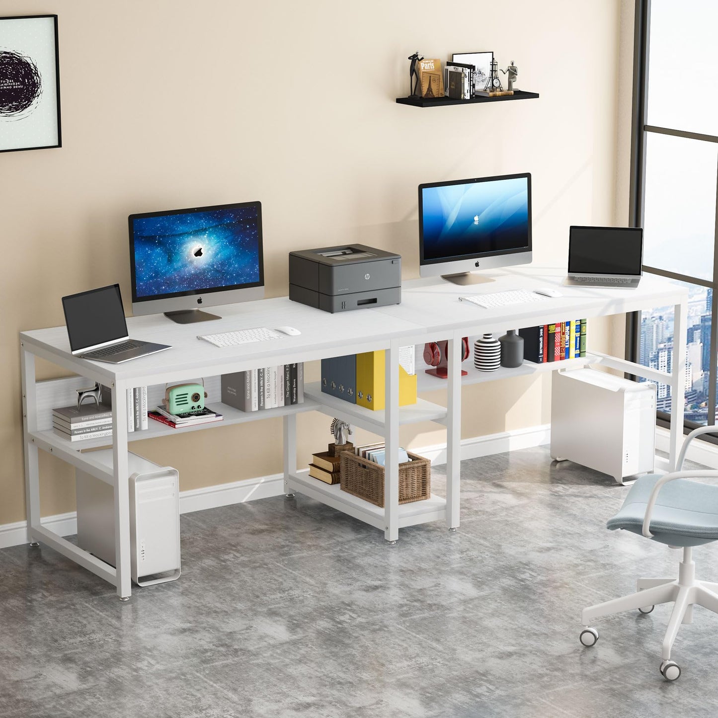LITTLE TREE Industrial 78.7" Desk with Shelves, Double Workstation for Two People, Computer Office Desk, Writing Table with 3 Drawers, Large Metal Tabletop, White