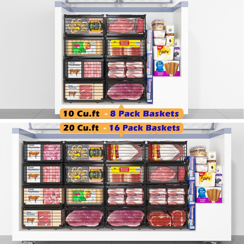 NADAMOO Freezer Organizer Bins, 4 Packs Large Expandable Stackable Chest Freezer Containers with Handle, Metal Adjustable Storage Baskets for Fridge, Deep Freezer, Cabinet, Kitchen, Pantry - Black