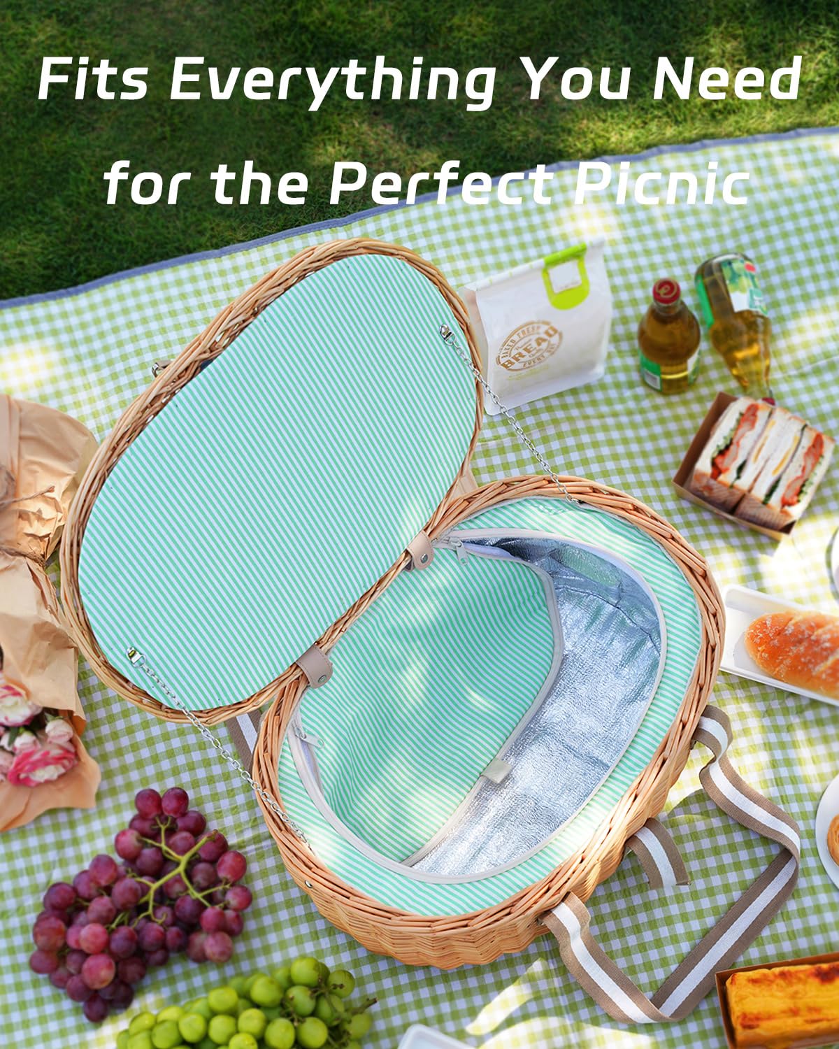 WeaveNove Picnic Basket Insulated with Lid, Extra Large Wicker Picnic Basket with Waterproof Insulated, Handwoven Portable Vintage Picnic Hamper 8.4 Gal(31.7L), Camping Outdoor Gifts Date, Natural