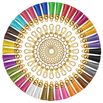 Anezus 100Pcs Craft Tassel Set - 50 Tassels, 25 Lobster Clasp Keychains, 25 Rings for Acrylic Keychains, Gold