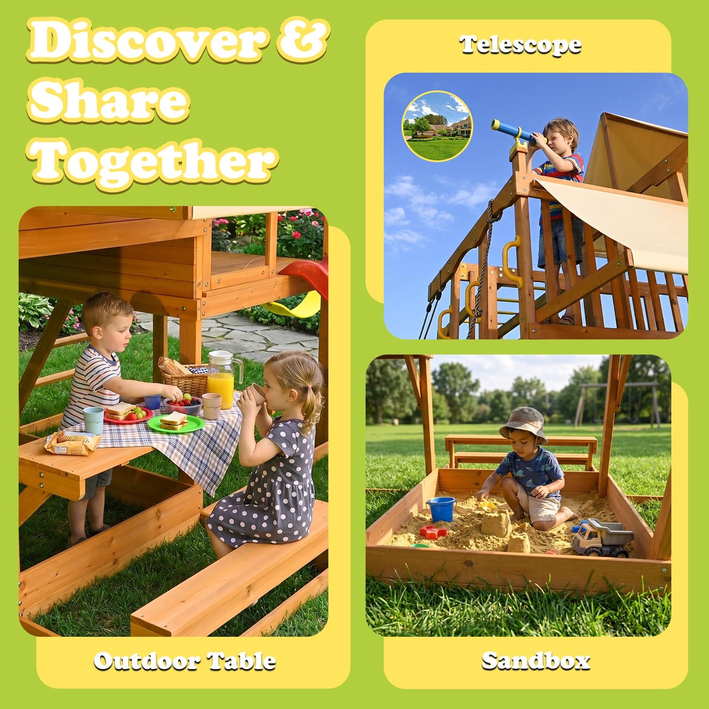 SUNIBOXI Wooden Swing Sets for Backyard, Kids Outdoor Playground Set with Monkey Bars, Slide, Swings, Climbing Ladder, Rock Wall, Picnic Table with Canopy for Ages 3-10