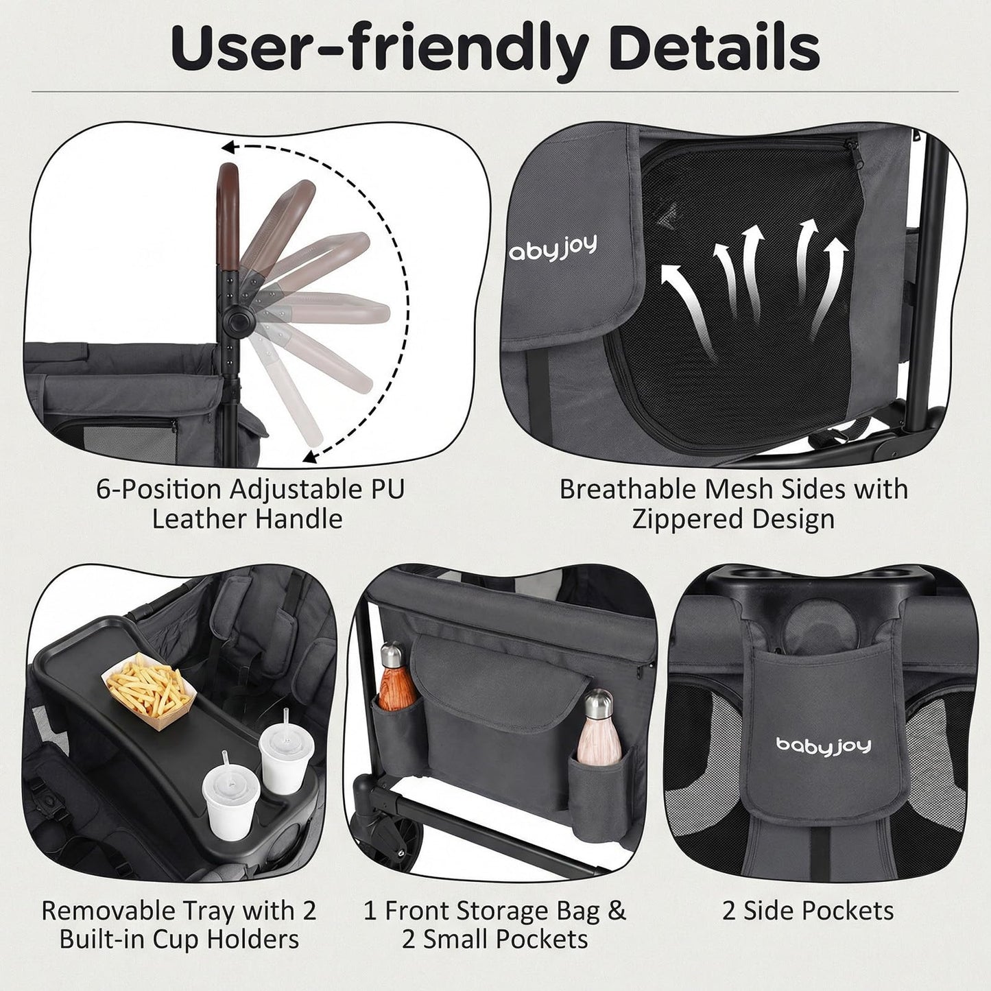 BABY JOY Wagon Stroller for 4 Kids, Foldable Stroller Wagon with Removable Canopy, Adjustable Handle, Snack Tray, Parent Organizer, 5-Point Safety Harness, Convertible Diaper Bag/Changing Pad (Gray)