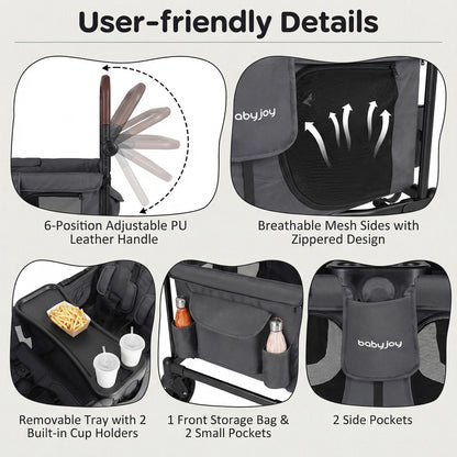 BABY JOY Wagon Stroller for 4 Kids, Foldable Stroller Wagon with Removable Canopy, Adjustable Handle, Snack Tray, Parent Organizer, 5-Point Safety Harness, Convertible Diaper Bag/Changing Pad (Gray)
