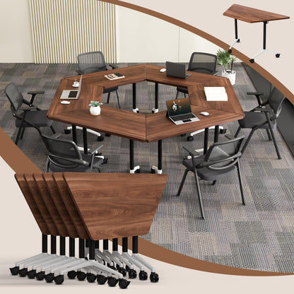 6 Pack Folding Conference Table,T-Shaped Conference Room Tables with Wheels, 47.2 in Modern Conference Table,Mobile Modular Seminar Meeting Desk for Classrooms,Office & Seminar (6, Walnut)