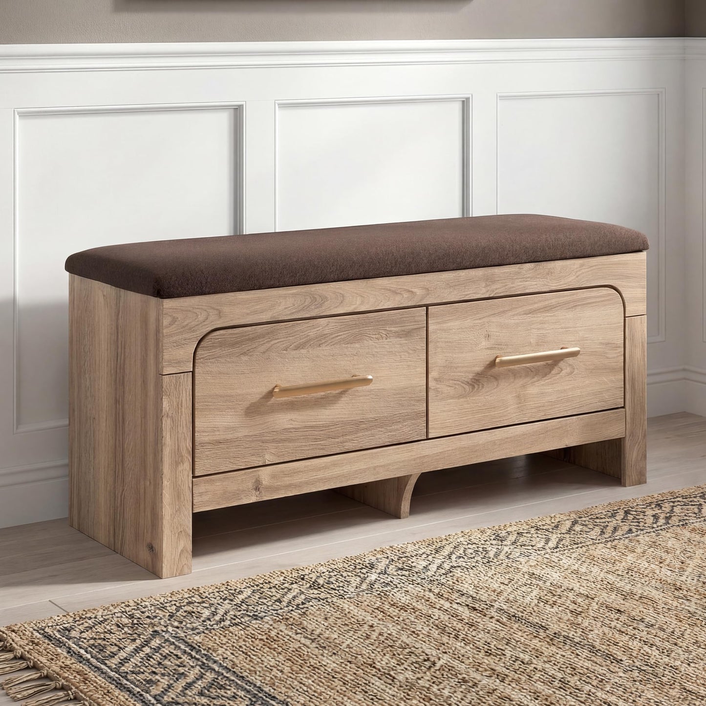 Signature Design By Ashley Hollymount Upholstered Bedroom Storage Bench, Two Drawers, Bronze Hardware, Wood/Fabric, 43.62" W x 15.75" D x 20" H, Tan/Brown