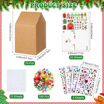 Dianelhall 24 Sets Christmas Gingerbread House Cardboard DIY Gingerbread House Craft Kits with Pom Poms Stickers for Christmas Holiday Party Favors Supplies Decorations Xmas Home Game Activities