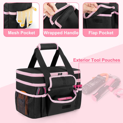 Trahzia Tool Tote Bag for Women, Double Layer Tool Storage Organizer Bag with Divider for Electrician, Carpenters, Repairman, Black