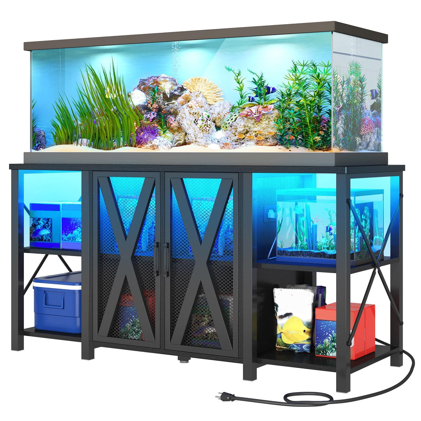 DWVO Reptile Tank Stand Aquarium Stand with Power Outlet & LED Light, 75/90/120 Gallon Terrarium Stand Cabinet - Heavy Duty Fish Tank Stand for Turtle Tank, Reptile Terrarium, 2000LBS Capacity, Black