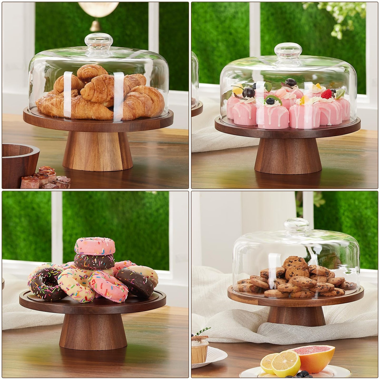 VIVIRBIEN Wooden Cake Stand with Lid, Acacia Cake Stand with Glass Dome, 11-Inch Versatile Dessert Stand with Strong Magnetic Pedestal, Cake Holder for Birthday/Kitchen/Party/Charcuterie