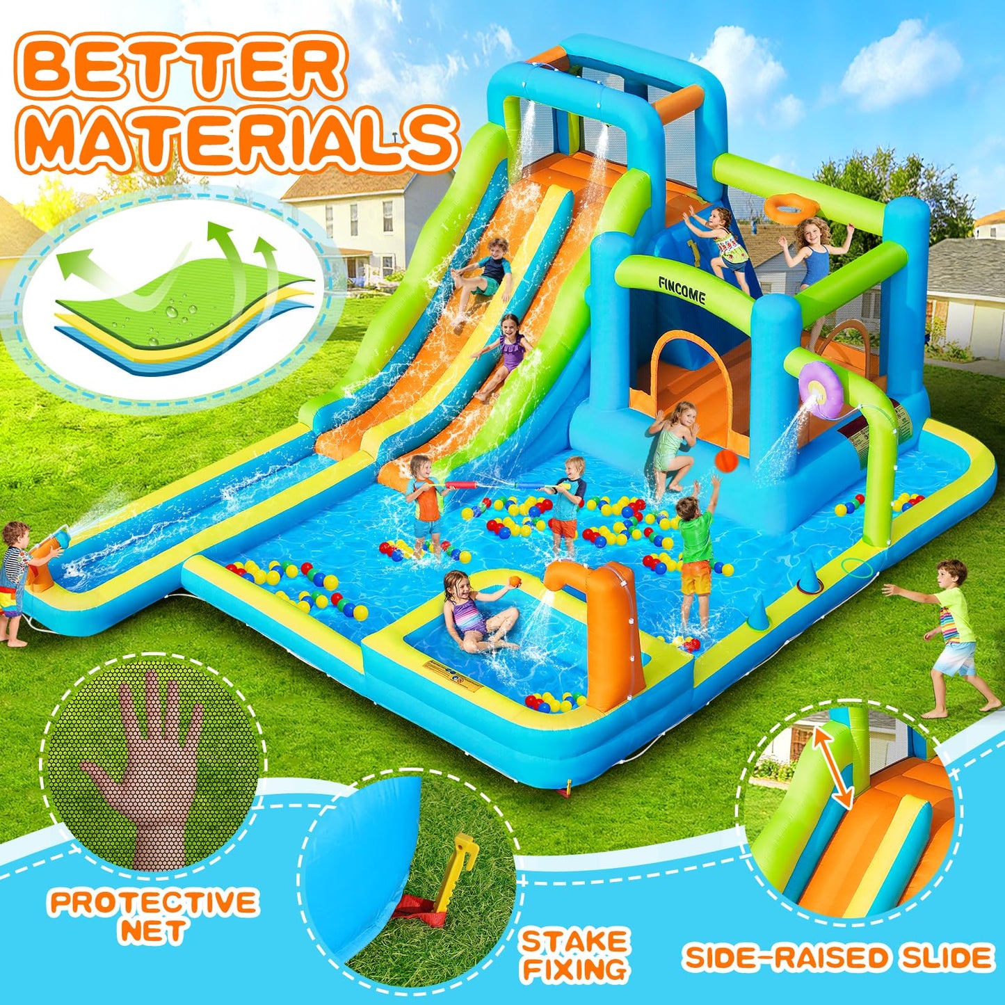 FINCOME Water Bounce House with Double Slide for Kids 3-10, Large Inflatable Water Bouncy Castle with Long Water Slide Jumping Climbing Pool Air Blower, Bouncy House for Party Birthday Holiday Summer