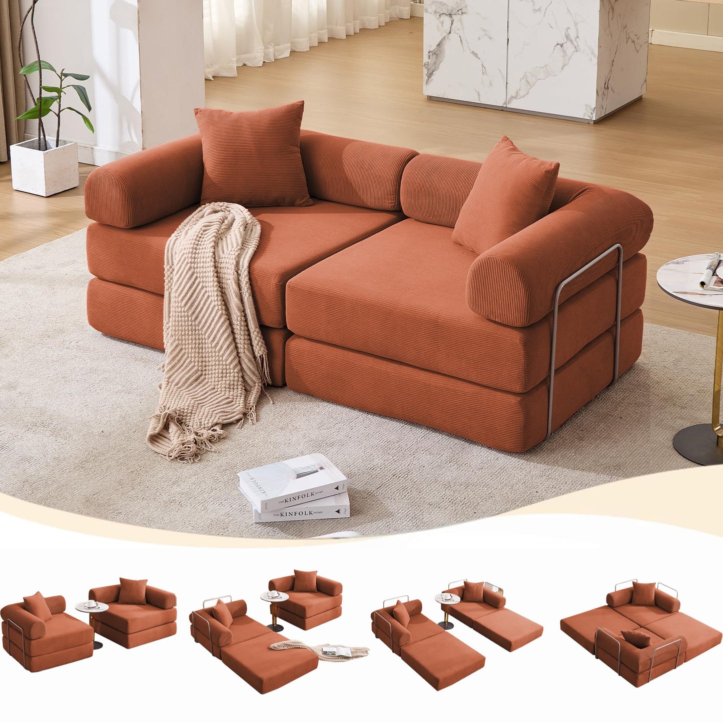 KEIKI 73" Corduroy Modular Sofa Bed with Removable Rolled Armrests and 2 Throw Pillow, Modern Style Convertible 2-Seater Upholstered Couch, No Assembly, for Apartment, Living Room, Orange