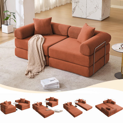 KEIKI 73" Corduroy Modular Sofa Bed with Removable Rolled Armrests and 2 Throw Pillow, Modern Style Convertible 2-Seater Upholstered Couch, No Assembly, for Apartment, Living Room, Orange