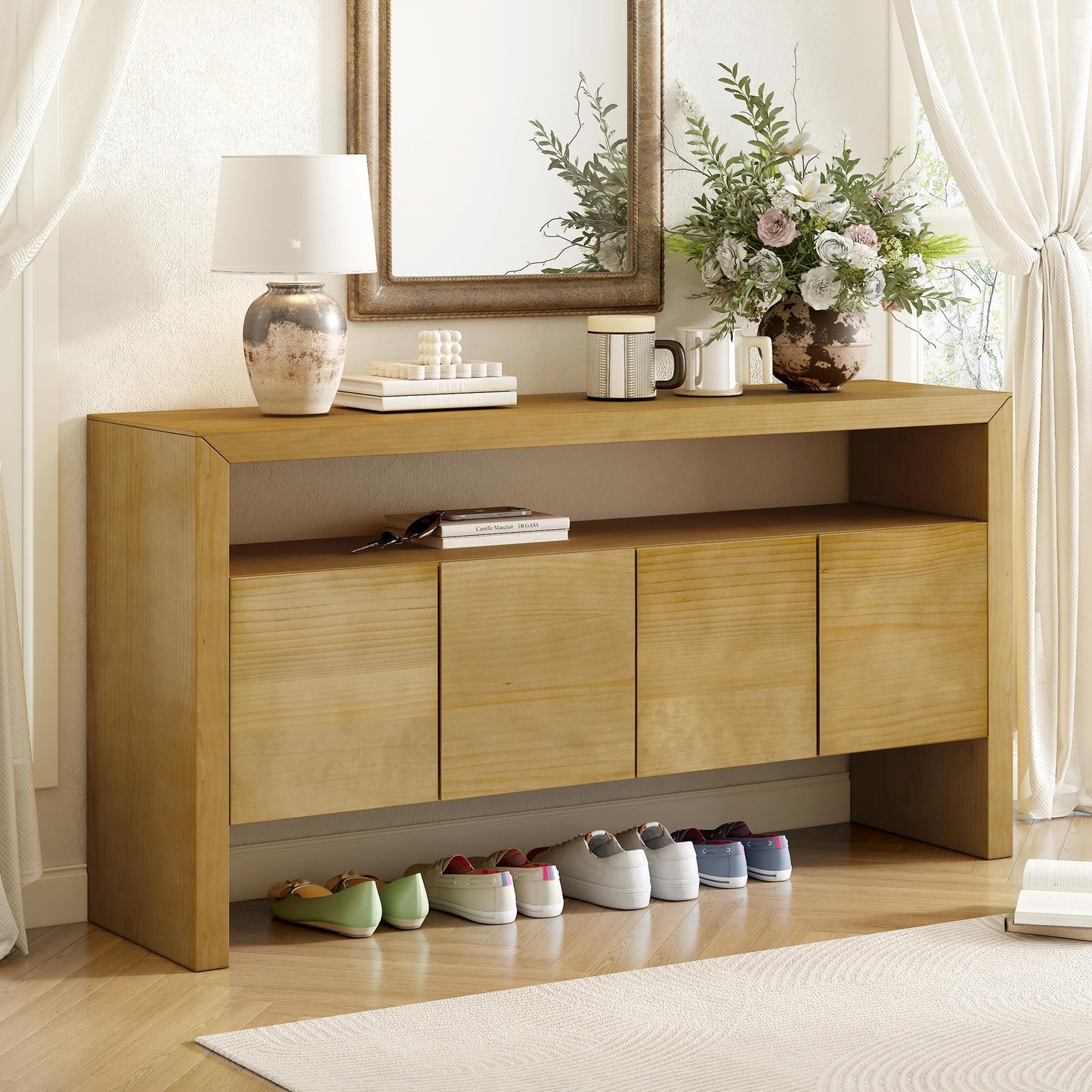 GDFStudio 60" Modern Buffet Cabinet with 4 Doors and Open Shelf, Solid Wood Veneer Sideboard Cabinet Credenza Storage Console Table for Kitchen Dining Room Living Room Entryway Coffee Bar, Natural