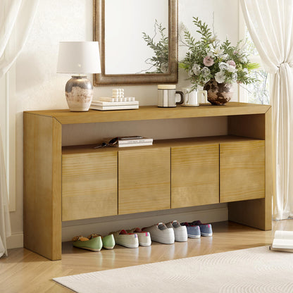 GDFStudio 60" Modern Buffet Cabinet with 4 Doors and Open Shelf, Solid Wood Veneer Sideboard Cabinet Credenza Storage Console Table for Kitchen Dining Room Living Room Entryway Coffee Bar, Natural