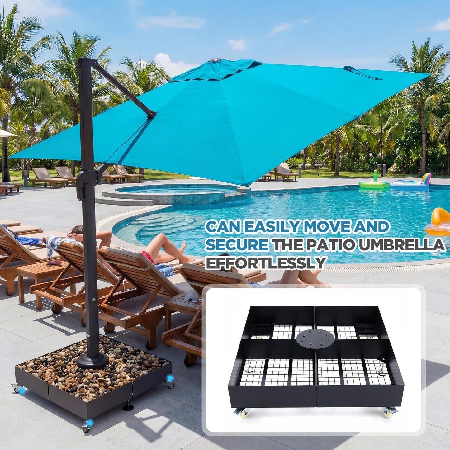 BreezeHug Patio Heavy Duty Umbrella Base Stand with 4 Lockable Wheels 1100 lb Capacity Square Base Plate Steel for Offset Cantilever Umbrella Patio Outdoors