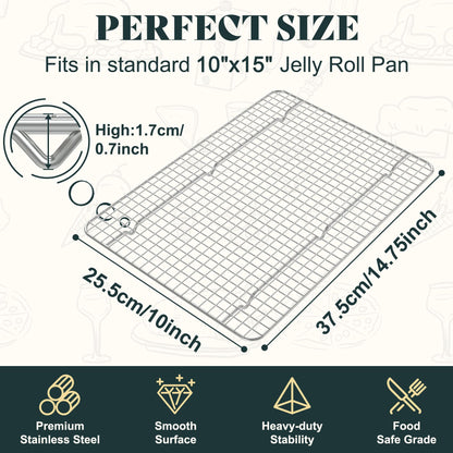 Cooling Racks for Cooking and Baking - 10"x14.75" Oven Safe Premium Stainless Steel Heavy Duty Baking Rack Tight-Wire, Fits Jelly Roll Pan Rack for Roasting & Grilling & Cooking - Set of 2