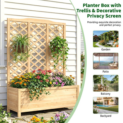 UrGROWA Wooden Raised Garden Bed with Trellis, Freestanding Planter Box with Drainage for Vines Climbing Plants Flowers Herbs, Elevated Gardening Planter for Backyard Balcony Patio