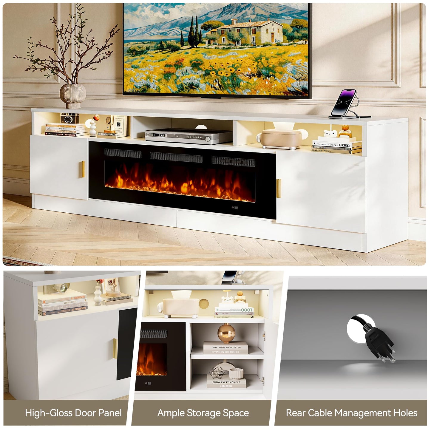 OneBlis 80" Fireplace TV Stand with Power Outlet, Electric Fireplace Entertainment Center with Storage Cabinets, Fits TVs up to 90", TV Console with LED Lights for Living Room, Office, White-Black