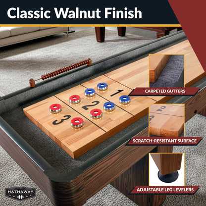 Hathaway Challenger 12 Ft Shuffleboard Table for Family Arcade Game Room - With Poly-Coated Playfield, Built-In Scorer & Cabinet, Climate Adjusters, Leg Levelers, 8 Pucks, Brush & Wax - Walnut Finish