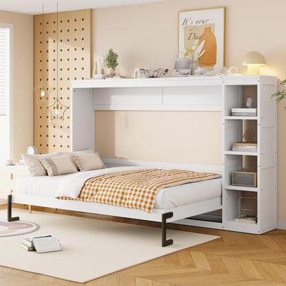GDFStudio Boden Full Size Murphy Bed, Full Size Murphy Bed with Bookshelf, 4 Storage Shelves, Ample Storage Space, Organized as Cabinet, Saving Space Design, Perfect for Small Apartment, White
