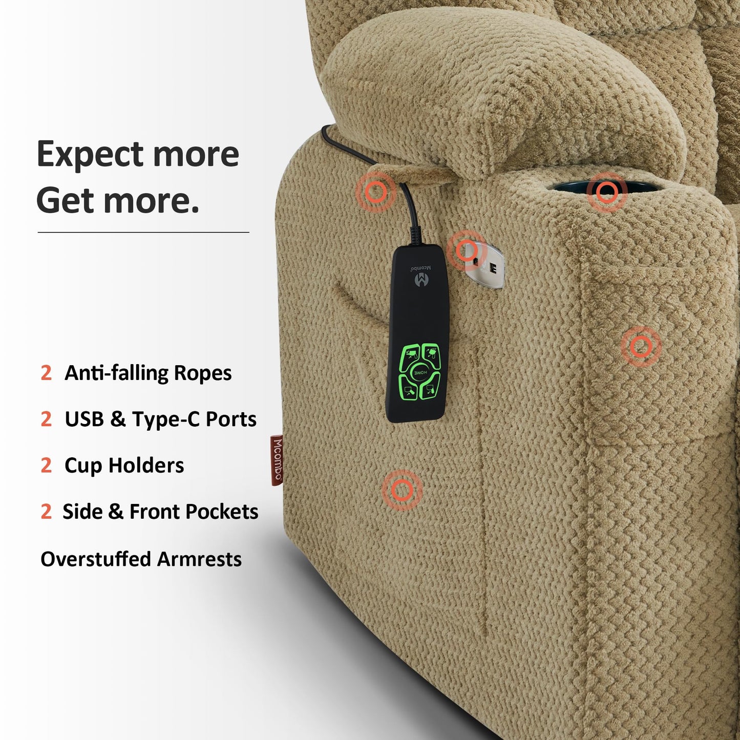 MCombo Dual Motor Power Lift Recliner Chair with Massage and Heat for Elderly People, Infinite Position, USB Ports, Cup Holders, Fabric 7890 (Medium, Beige)