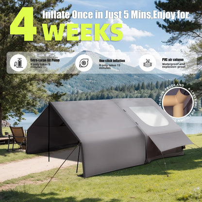 Inflatable Camping Tent Tarps for 4-6 Person, with Electric Air Pump, Extended Canopy, 4 Season Waterproof Windproof, Clear Skylight & 420D Oxford Waterproof, Air Tent with Mesh Windows/Doors