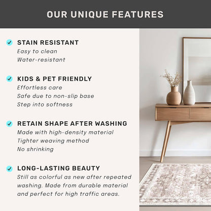 Regine Switzerland Washable Large Entryway Rug - Non-Slip Boho Vintage Floral Design | 3x4 Beige/Latte