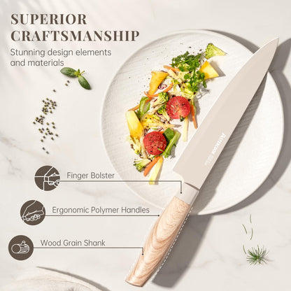 Astercook Knife Set, 6-Piece Kitchen Knife Set with Block, High Carbon Stainless Steel Ultra Sharp Kitchen Knives, Wood Grain Handle, Dishwasher Safe Knife Block Set, Khaki, Mothers Day Gifts