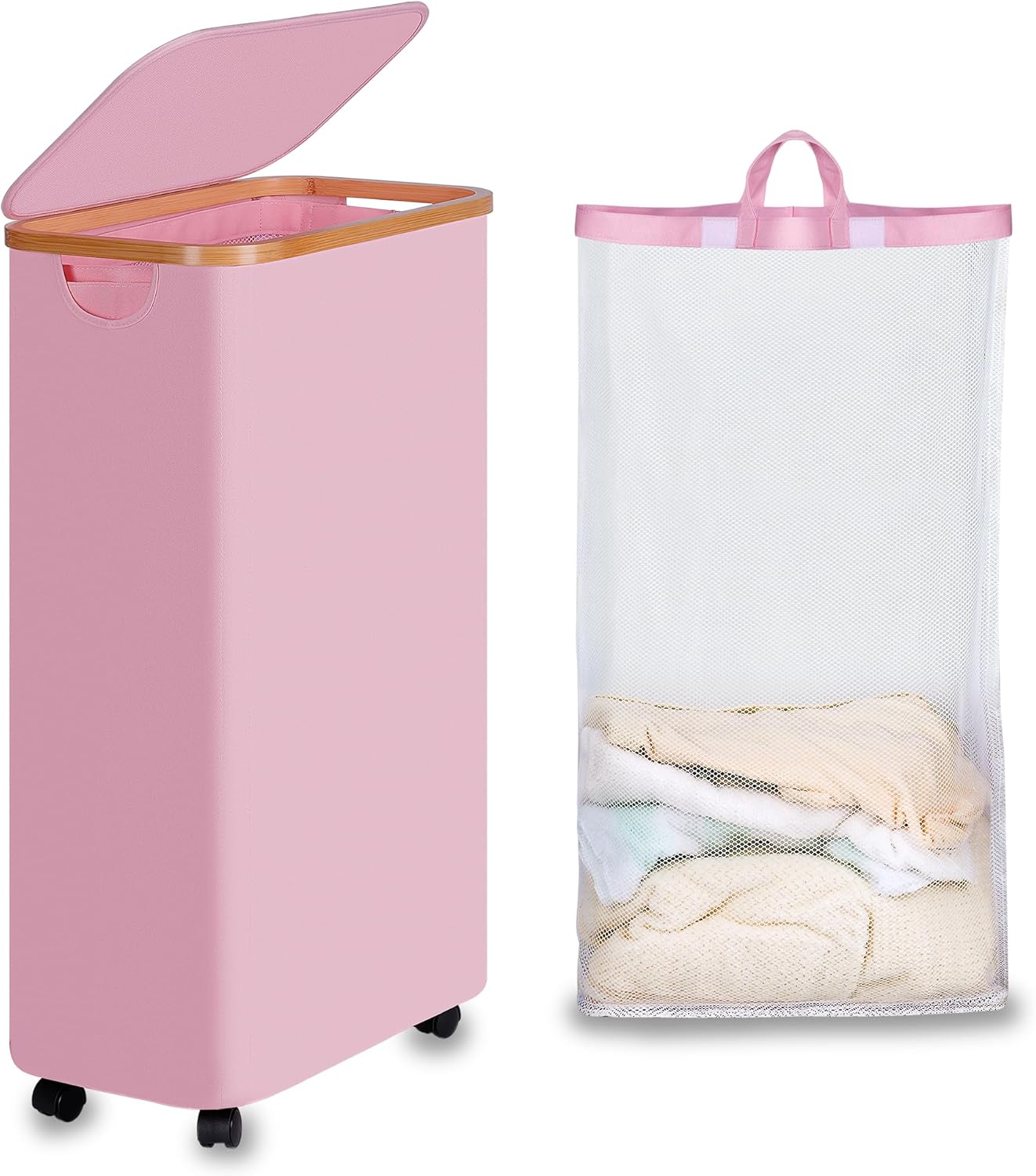 Slim Laundry Basket with Wheels, Rolling Basket with Lid and Removable Bag, 75L (19.8 Gallon) Pink