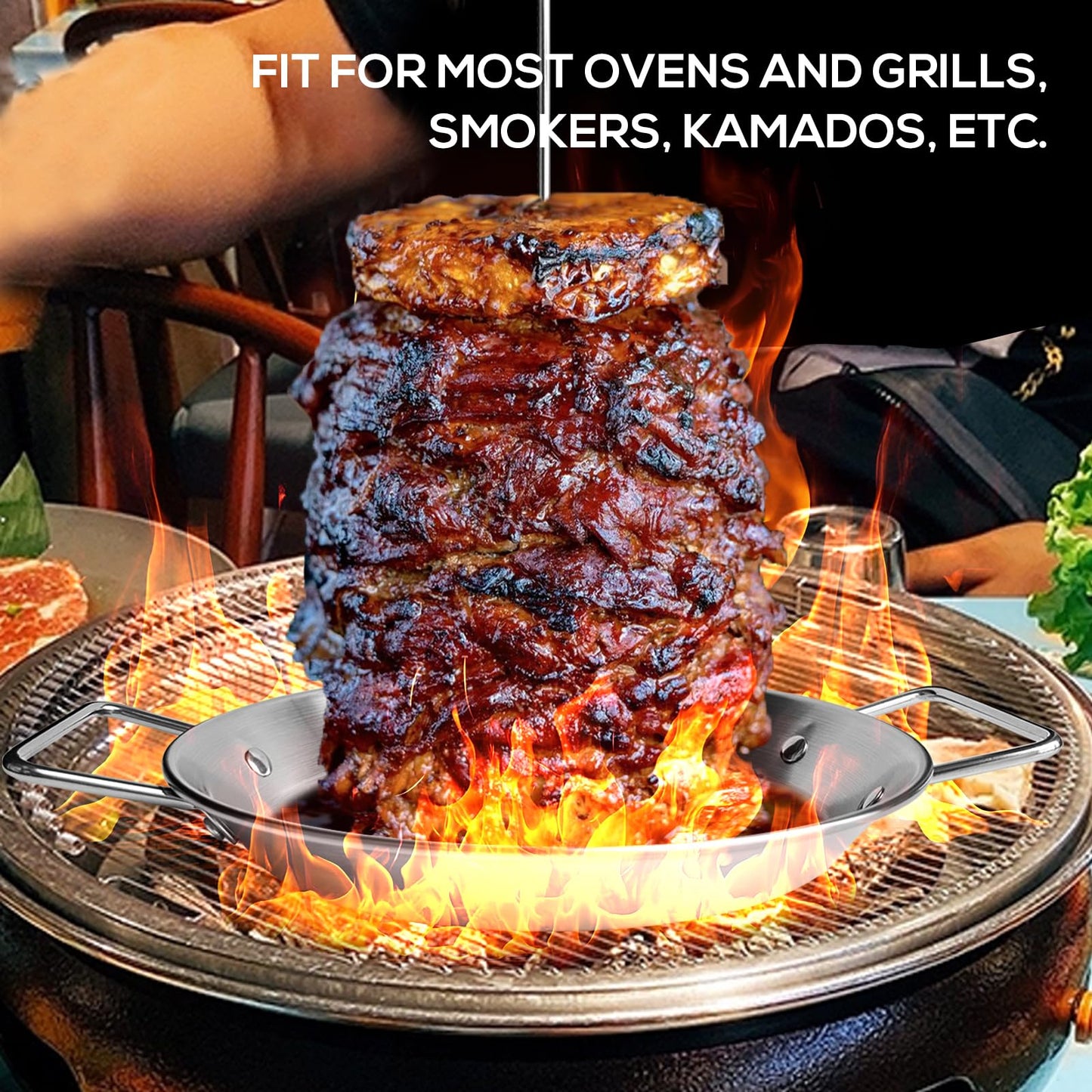 Fengzhe Al Pastor Skewer for Grill: Extra Large 13" Stainless Steel Vertical Skewer, Brazilian Spit Stand with 4 Spikes, 2 Brushes, for Tacos Al Pastor, Shawarma, Kebabs, with Fat Separator Tray
