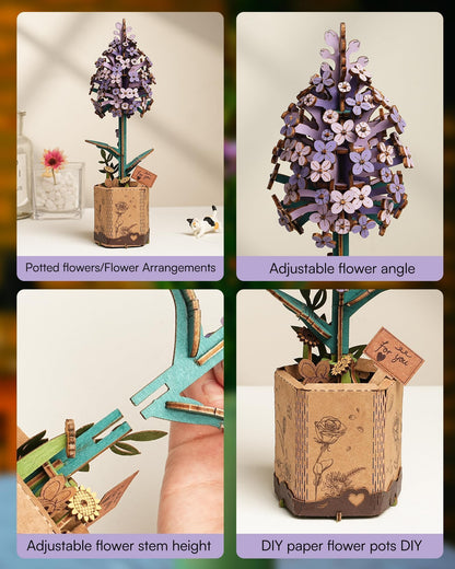 Wowood 3D Flower Wooden Puzzles for Adults-Lilac, DIY Wooden Flowers Model Kit Building Set Crafts Birthday Gifts, Artificial Botanical Collection Creative Gift Ideas/Housewarming Decor(154PCS)