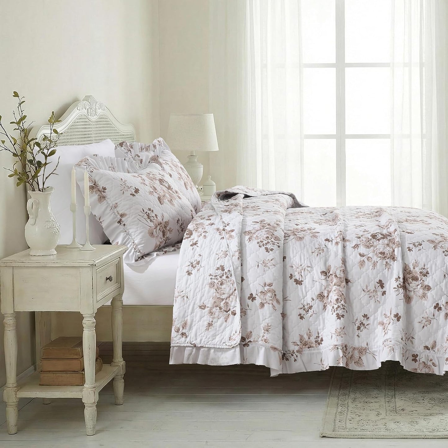 1 2 68x86 inches HORIMOTE HOME Khaki Ruffled Quilt Twin Size with Pillow Sham, Shabby Chic Floral Printed Reversible