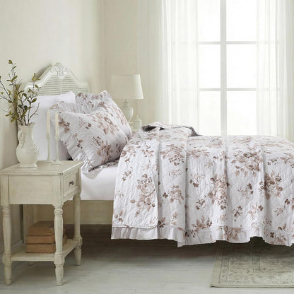 1 2 68x86 inches HORIMOTE HOME Khaki Ruffled Quilt Twin Size with Pillow Sham, Shabby Chic Floral Printed Reversible